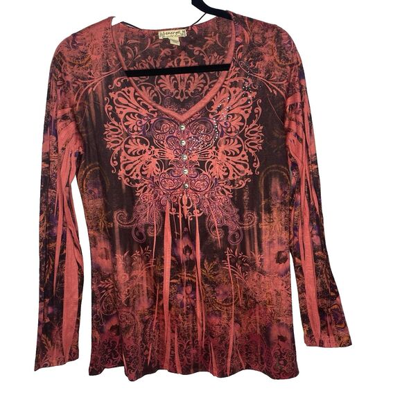 ENERGE WORLD WEAR Top Rhinestone Long Sleeve Hippie Boho Womens M Maroon Purple - Picture 1 of 10